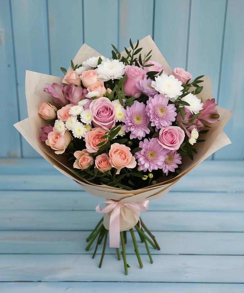 Букет цветов из: Хризантемы, Розы и Альстромерии в Курдюковской