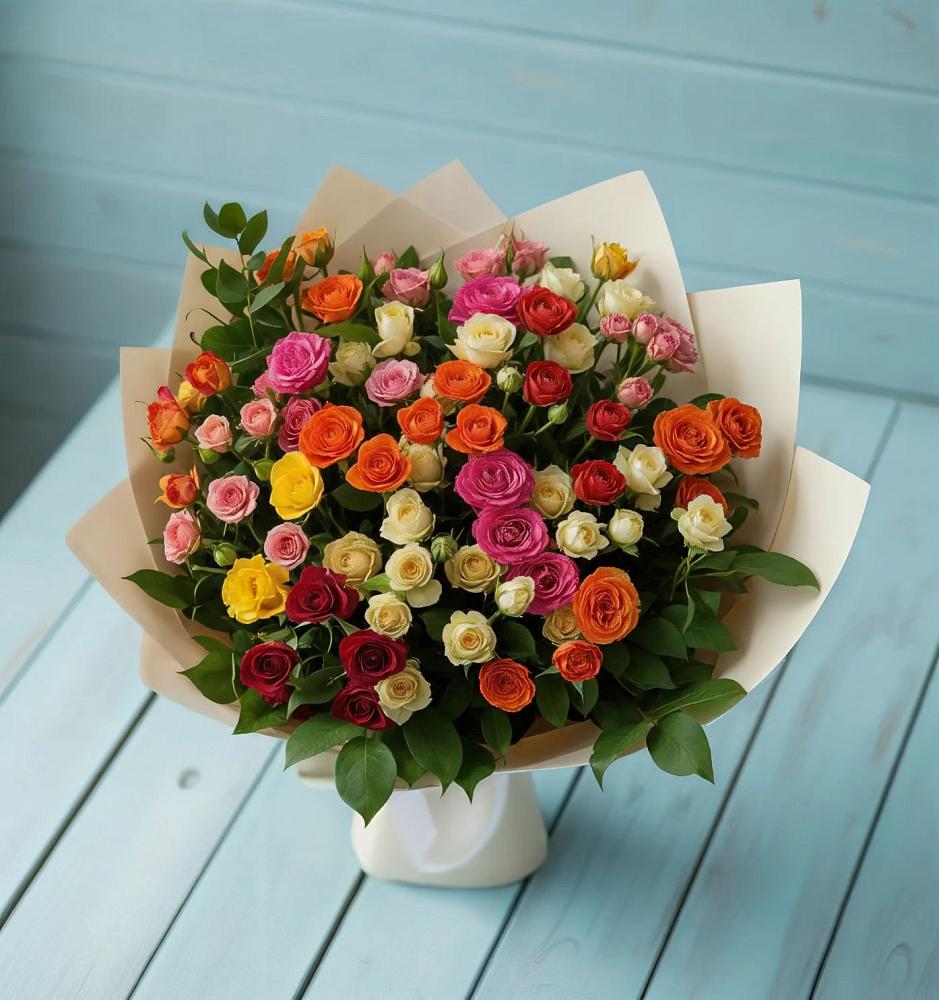 Букет Микс из разноцветных кустовых роз в Курдюковской