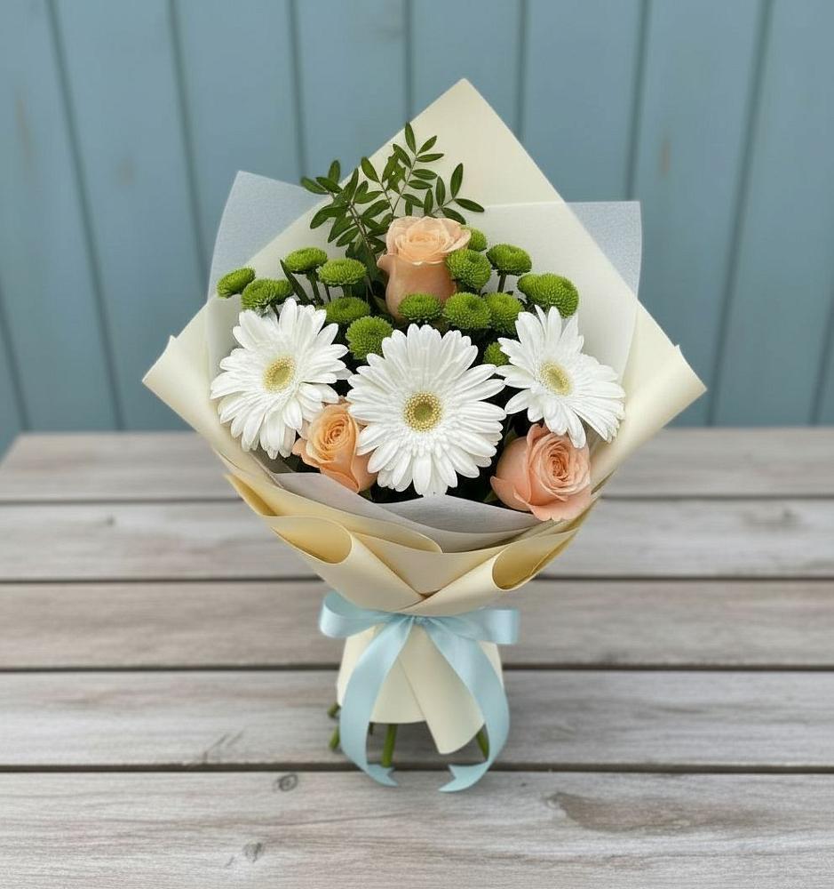 Букет цветов из: Герберы, Розы и Хризантемы в Курдюковской